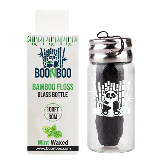 BOONBOO Dental Floss | 100FT/30M Bamboo Charcoal Woven Fiber | Refillable Glass Bottle Dispenser with Cutting Lid | Teeth Flosser with Holder