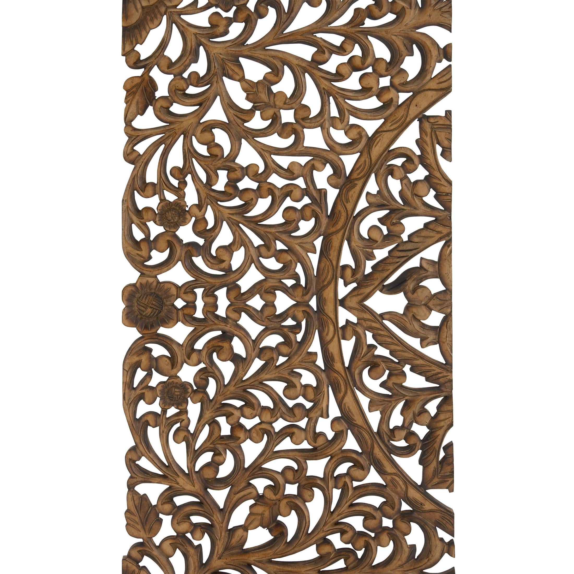 DecMode Brown Wooden Handmade Intricately Carved Floral Wall Decor (3 Count)