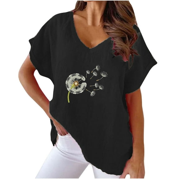 WREESH Women's Summer Cotton Linen T-Shirt Loose Fit V-Neck Short Sleeved Graphic Top Black