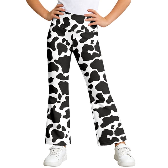 Tfken Little Girls Classic Pants Elastic Waist Stretchy Trousers Loose Flare-Leg Pants Cow Print Fashion Lightweight Daily Casual Wear Trendy Clothes Size 1-2 Years White