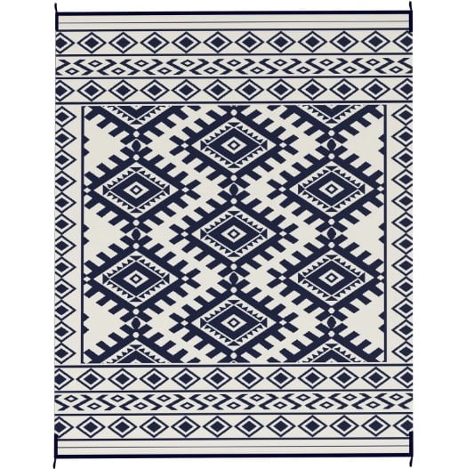 8' x 10' Blue & White Rhombus Border Reversible Outdoor Rug, Waterproof Patio Camping Mat with Carry Bag, Foldable Portable RV Carpet