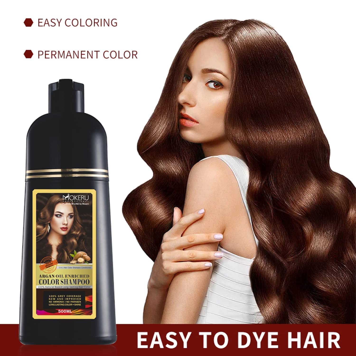 MOKERU Professional Argan Oil Hair Dye Color Shampoo 500 ML: Instant Fast Acting Long Lasting Signature Bundle by Maani (Light Brown)