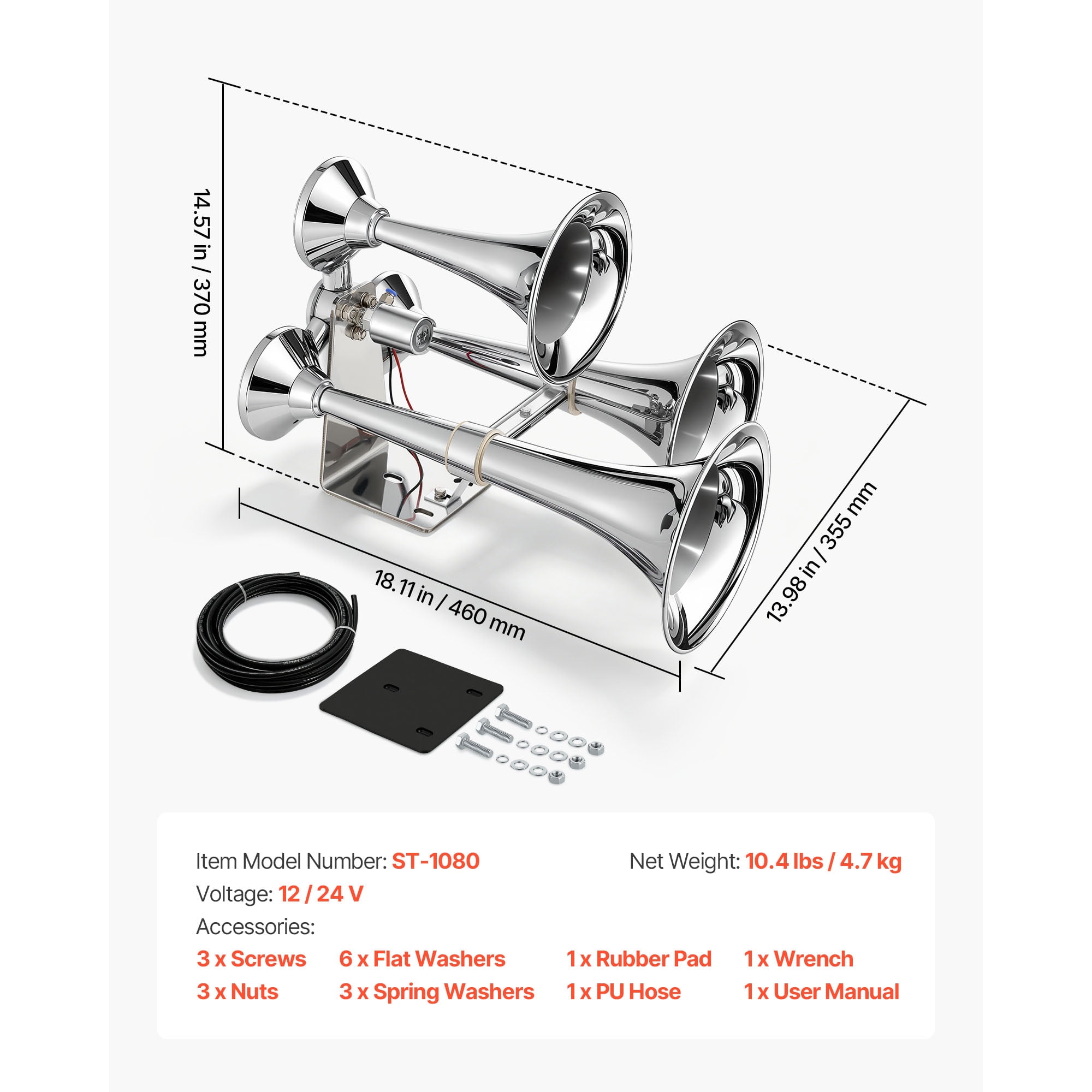 KFFKFF 3-Trumpet Air Horn 150dB Loud Train Horn for Trucks and SUVs, Compatible with 12V/24V Vehicles & Boats, Robust Sound, Excellent Penetration,Integrated Solenoid Valve,Durable Metal Construction