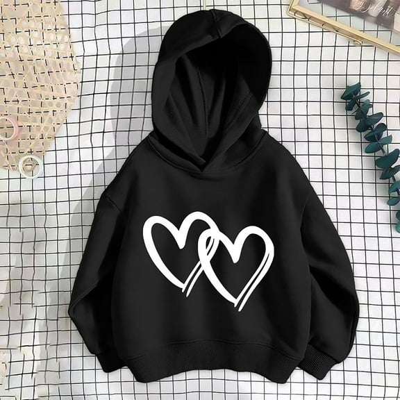 Bnwani Black Hoodie Sweatshirt for Children Fashion Long Sleeve Cotton Oversized Heart Print Size 3-4t