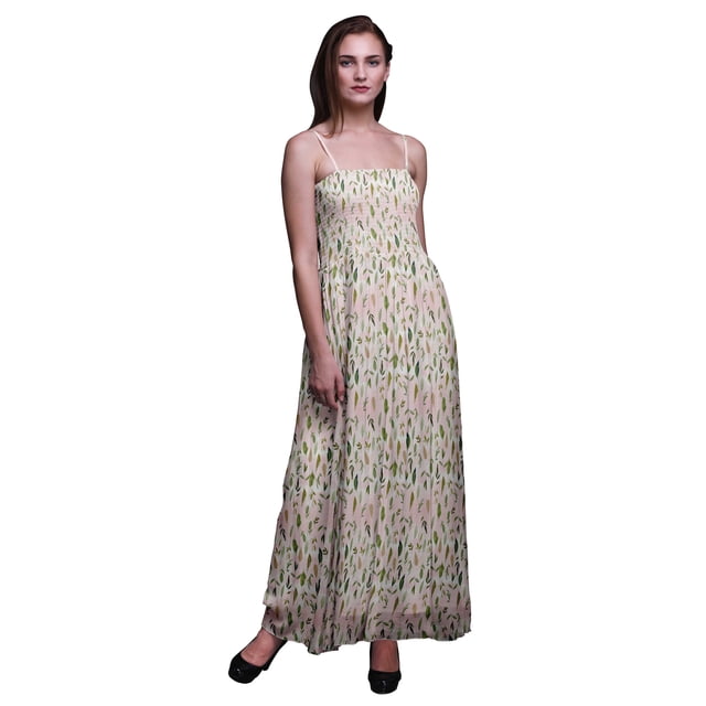 Bimba Robe à Bretelles Spaghetti Smockée Fluide Imprimée Fleurs Feuilles Bimba pour Femmes-TTTG