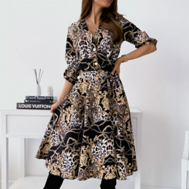ICHUANYI Clearance Fashion Women Buttons Bandage Casual Print Dress V Neck Long Sleeve Dress(Black, M) ICHUANYI WER2023081503293