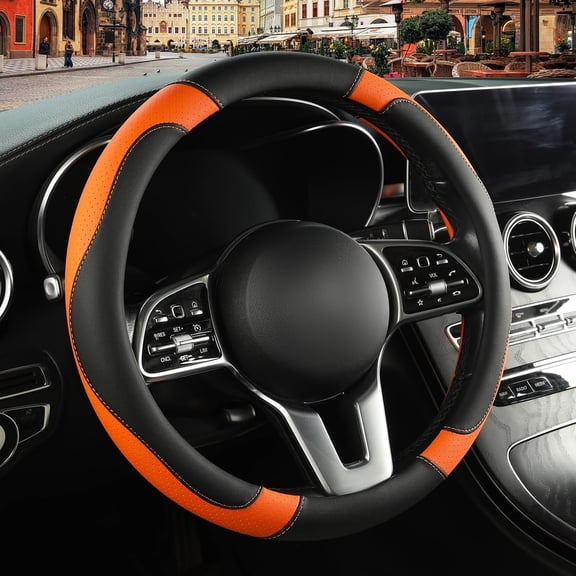 RIONIMA Black Orange Microfiber Leather Steering Wheel Cover 15" | Breathable Anti Slip Grip Cool Sporty Look Glow in the Dark Steering Wheel Cover Glow for Women Men