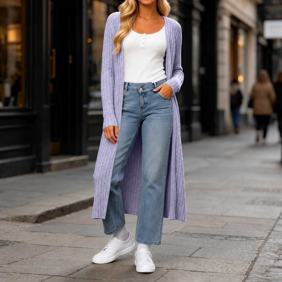 Tusihei Women's Fall Winter Long Sleeve Knitted Cardigan Open Front Casual Boho Duster Cover Up Solid Knit Sweater Jacket for Layering Outdoor, Purple M