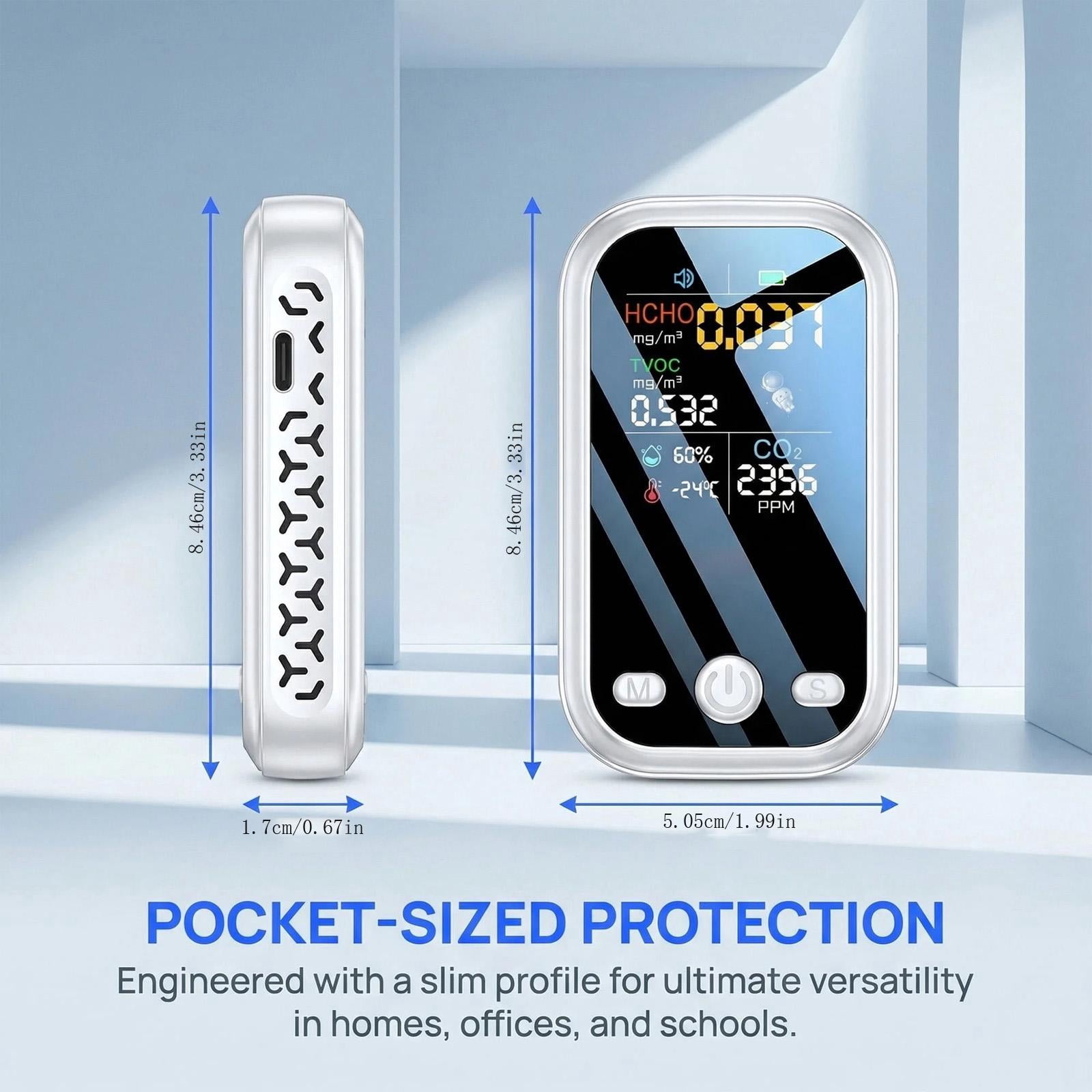 Carbon Dioxide Monitor, Portable Co2 Detector, Humidity Meter, Temperature and Humidity Monitor, Formaldehyde Detector, Handheld, Display, Indoor Air Test, Co2, White, 1 Pc