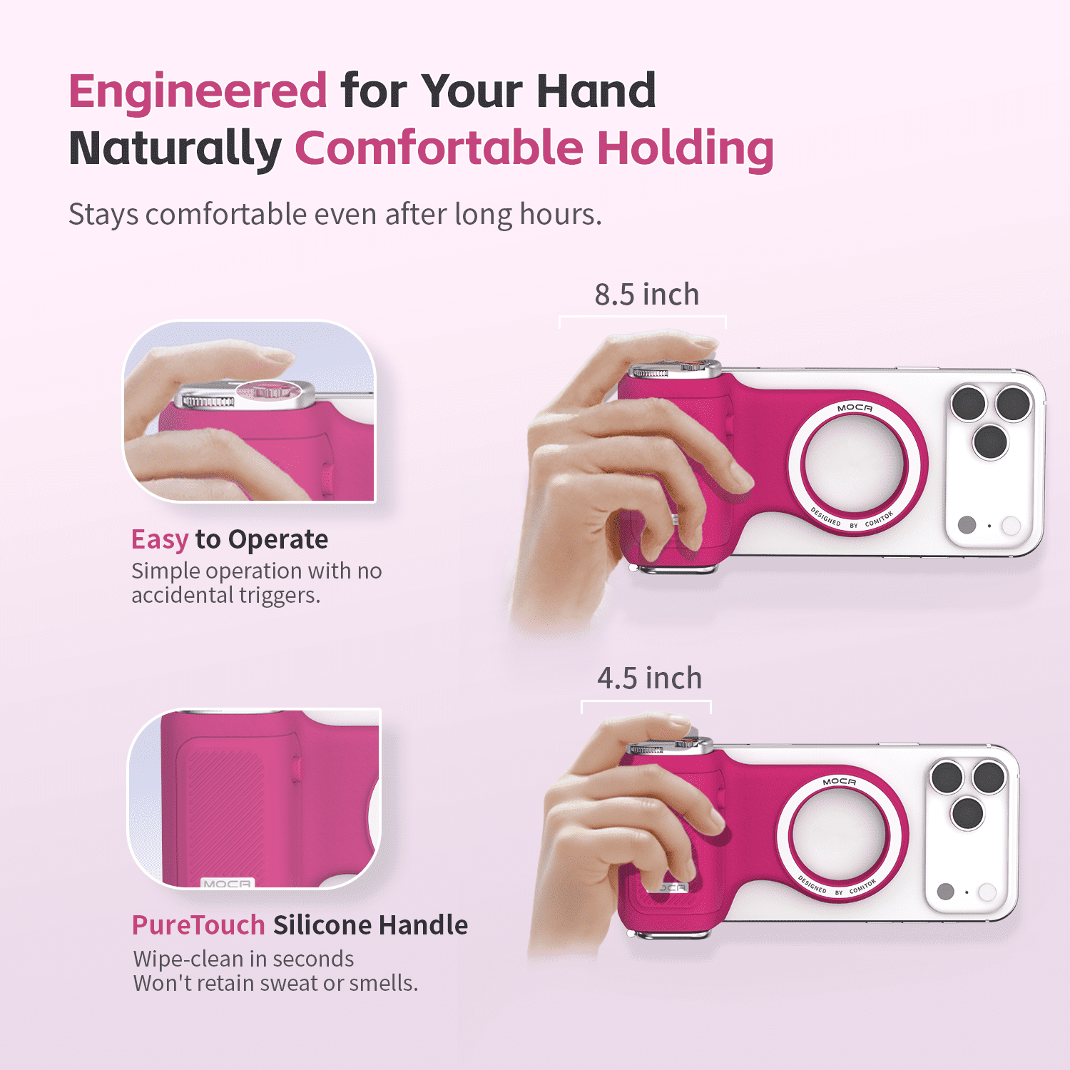 COMITOK MOCA Ergonomic Selfie Stick Detachable Remote Control Magnetic Selfie Stick for iPhone 17 Perfect for Vlogging TikTok-1/4" Screw Mount Fuchsia