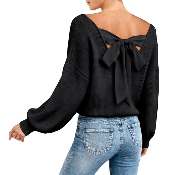 Womens Long Sleeve V Neck Sweaters Pullover Bow Loose Fit Womens Black Sweaters Soft Fall Clothes for Women