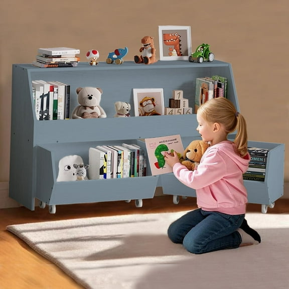 New Toy Storage Organizer with Wheels- 2 Ties Cube  Bookshelf  with Drawers Toy Organizer Bookshelf  for Nursery, Playroom, Bedroom