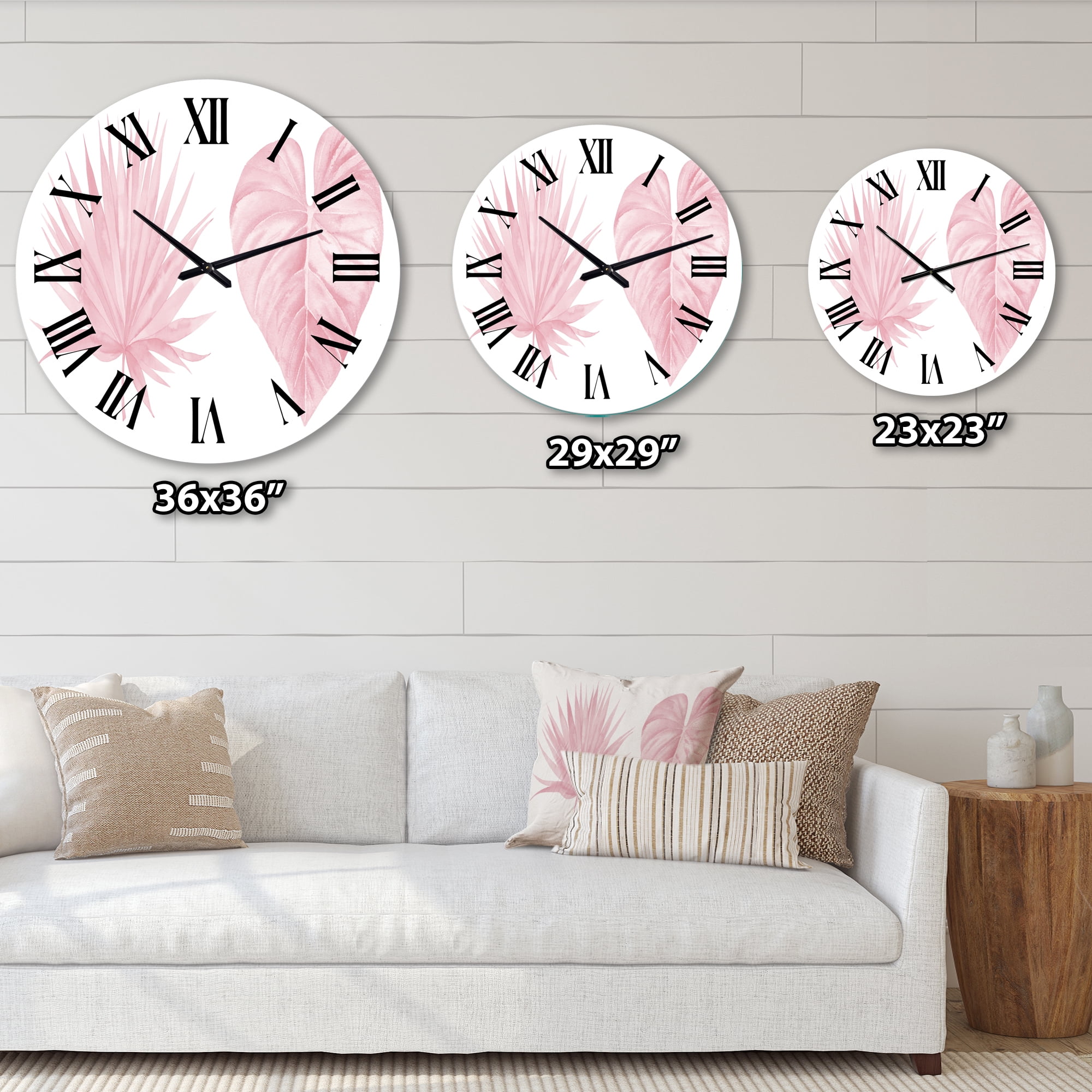 Designart 'Tropical Pink Watercolour Leaves Ii' Shabby Chic Wall Clock