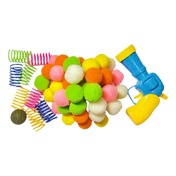 60-Piece Cat Toy Set with Springs, Pompoms & Launcher - Interactive Indoor Play for Hunting and Exercise