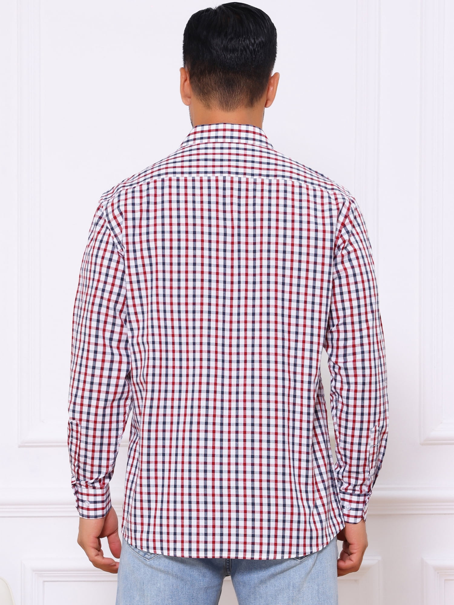 DARING DIVA Men's Long Sleeve Checked Shirt Point Collar Button Plaid Shirt L Red Blue