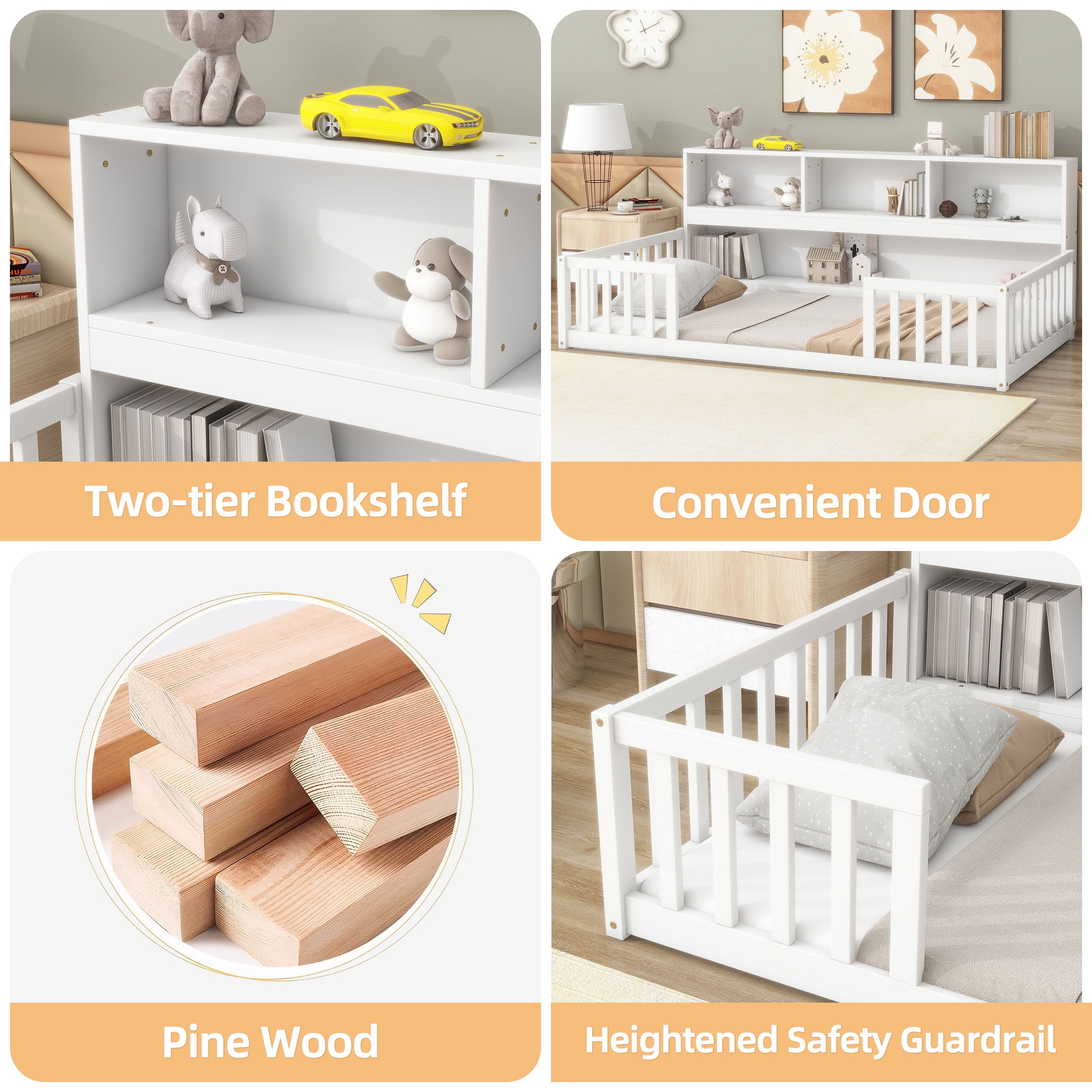 PORKISS Full Floor Bed Frame with Bookcase and Fence, Wood Kids Floor Bed with Storage Shelves, Montessori Bed, White