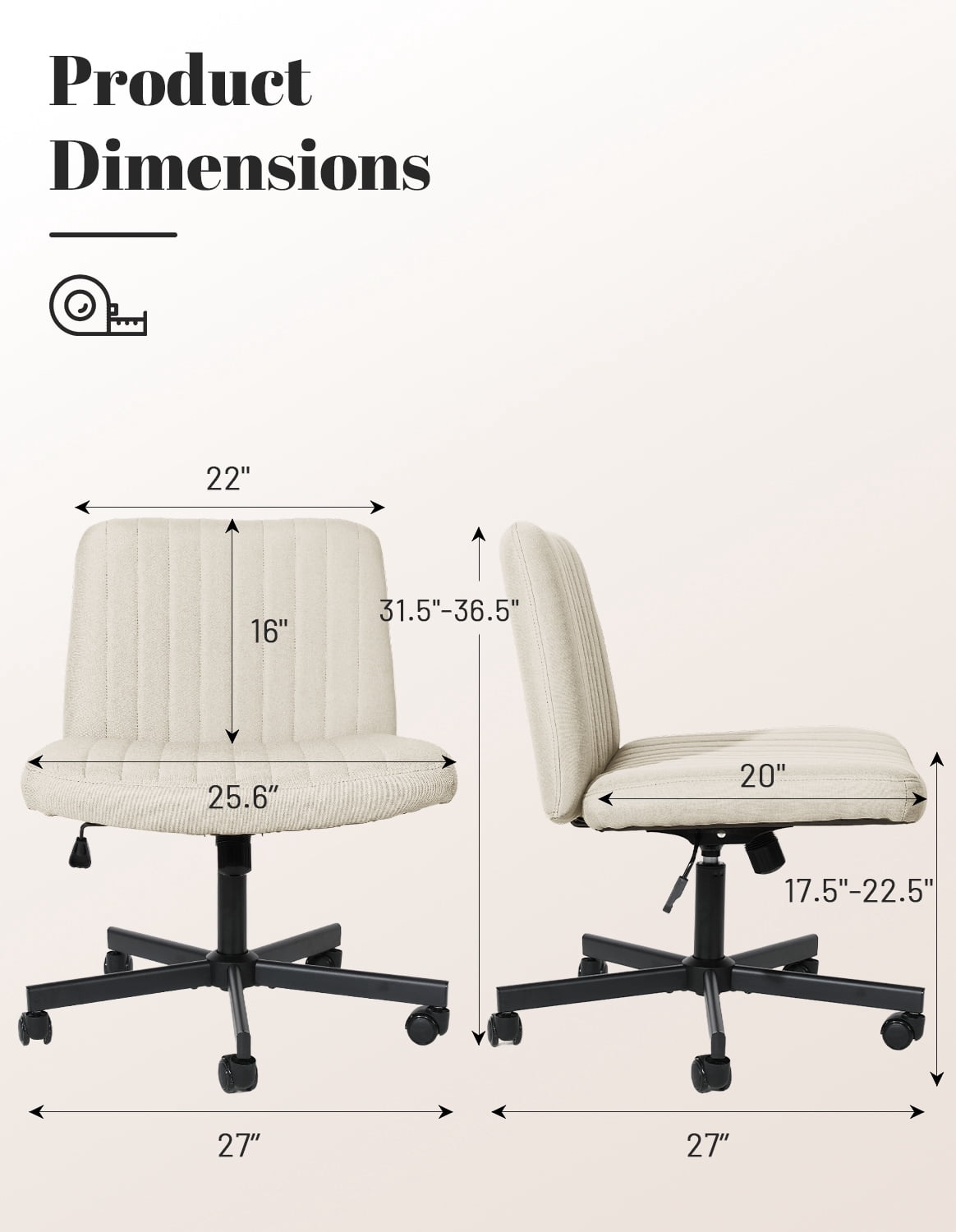 LOGYAT Armless Office Desk Chair, Criss Cross Legged Chair with Wheels, Adjustable Height, Wide Seat, Adult Vanity Chair, Beige