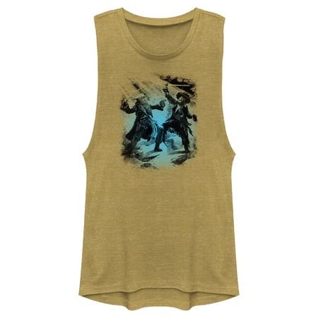Junior s Pirates of the Caribbean: Curse of the Black Pearl Jack Sparrow and Hector Barbossa Duel Festival Muscle Graphic Tee Gold Heather Medium