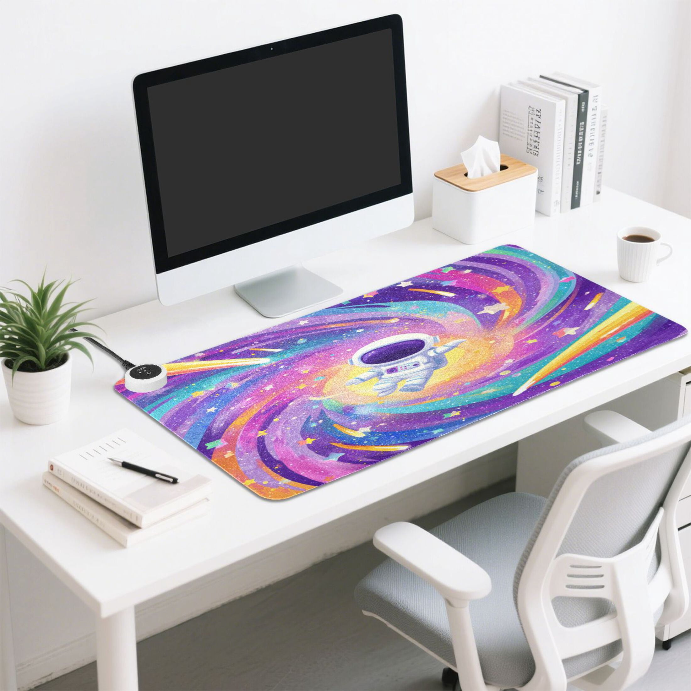 Large Heated Desk Mat Mouse Pad 31.5"x13"PU Leather Graphene Heating Desk Warmer with 3 Temperature Settings 110V US Plug Non-Slip Warm Pad for Home, Office, and Gaming Rainbow Galaxy Astronaut Art