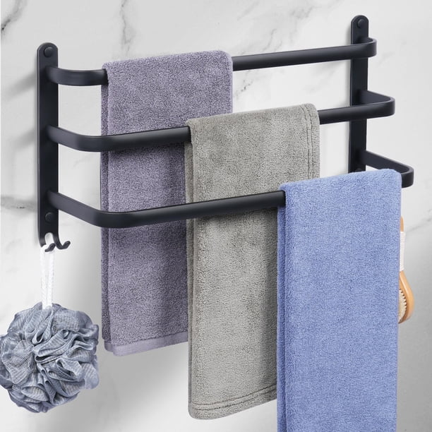 Toallero montado en la pared para baño, barra de toalla de aluminio de 19 pulgadas para baño de 3 niveles con ganchos, toallero de baño negro resistente al agua y óxido