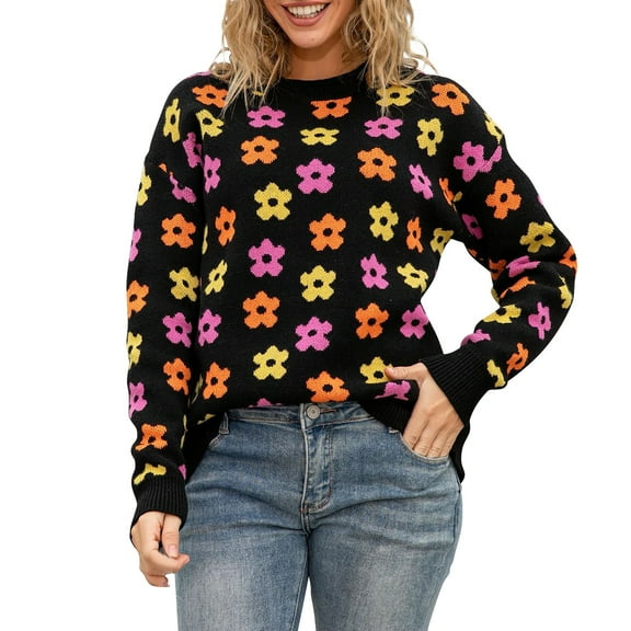 Bovemsi Sweaters for Women Cozy Autumn New Round Neck Knitted Long Sleeve Sweater Women's Print Warm Comfortable Fit Street Style Fall Sweaters