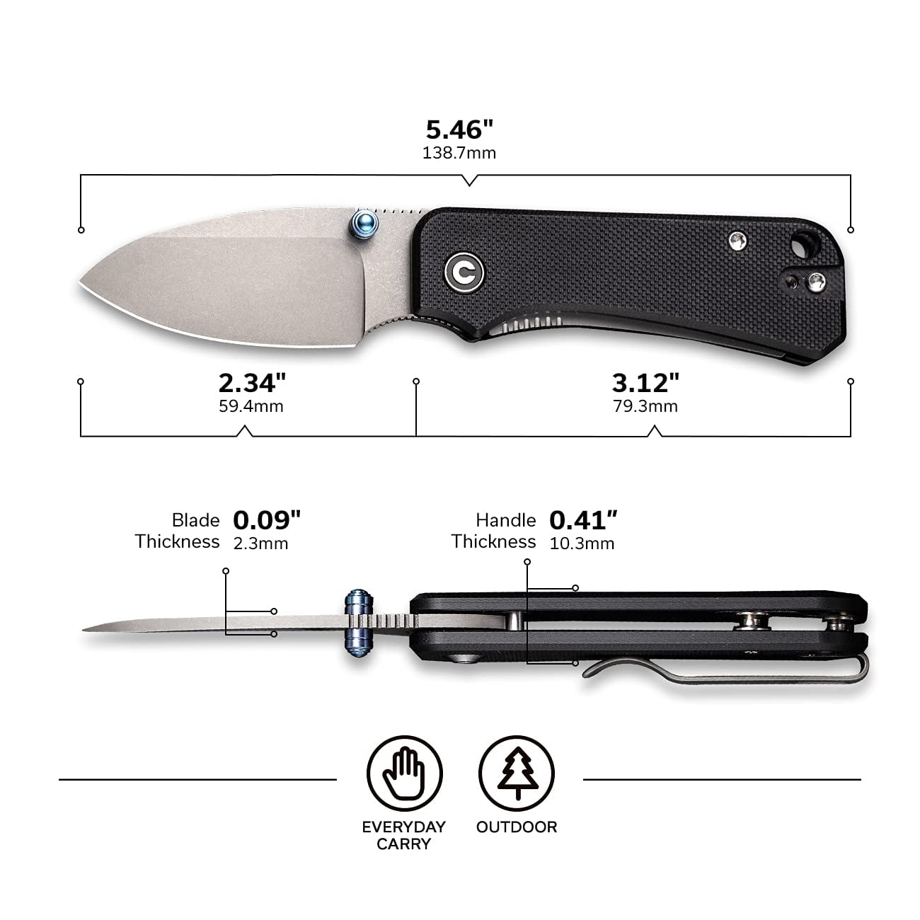CIVIVI Baby Banter Small Pocket Folding Knife 2.34" Nitro-V Blade Black G10 Handle C19068S-1