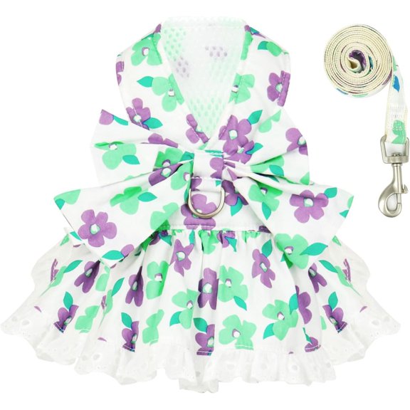 HQREA Puppy Harness Dress Leash Set Girl Cats Outfits Bowknot Princess Dress