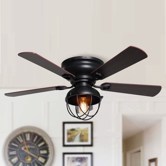42" Modern Farmhouse Black Caged Flush Mount Ceiling Fan with Light and Remote Control