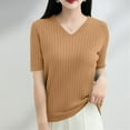 thumbnail image 2 of Women's Solid Color Sweater Short Sleeve V-Neck Pullover Soft Lightweight Knit Top for Everyday Casual Style Camel XXL, 2 of 6