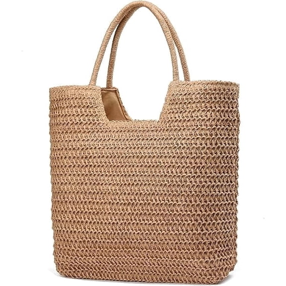 Soda Candy Women Straw Beach Tote Bag U-Shaped Large Woven Shoulder Handbag with Integrated Top Handle for Summer Vacation Pool