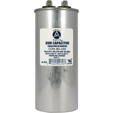 

Appli Parts Run Capacitor For Ac 80 Mfd Uf (Microfarads) 370 VAC Or 450 VAC CBB65 Round Universal Fit For Hvac And Other Applications 5-1/4 In High 2 In Wide CON-80-450