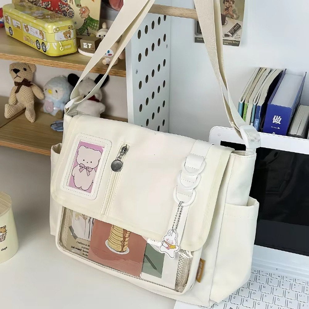 Yvsxxv White Transparent Window Nylon Ita Crossbody Handbag for DIY Badge Display