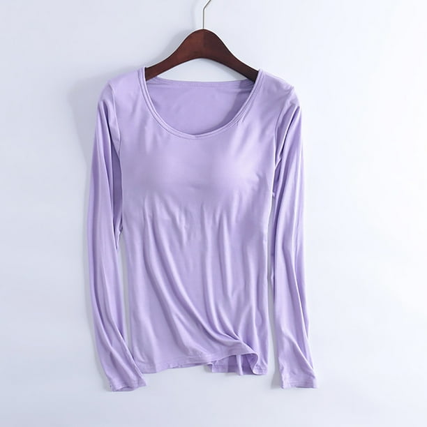 Neewe Women's Plain Relaxed Pajamas with Built-in Padded Bra Loose Casual Soft Long Sleeve Crew Neck T-Shirt