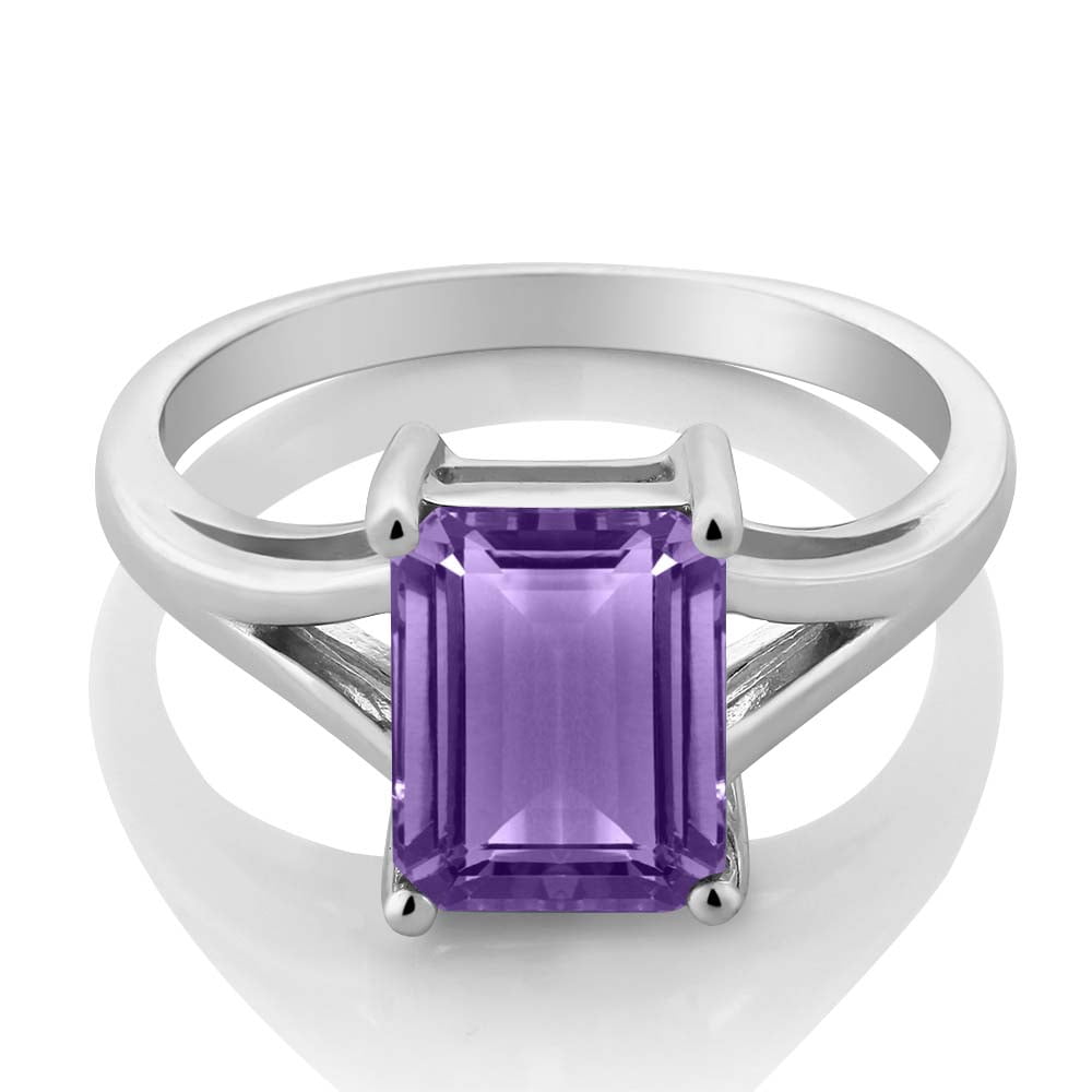 Gem Stone King 2.25 Cttw Purple Amethyst Solitaire Engagement Ring for Women | 925 Sterling Silver | Emerald Cut 9X7MM | Gemstone Birthstone | Available in Size 5, 6, 7, 8, 9