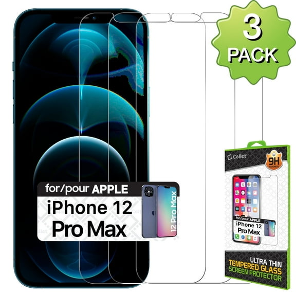 3-Pack Cellet Screen Protector for Apple iPhone 12 Pro Max, Premium 0.3mm 9H Hardness Tempered Glass