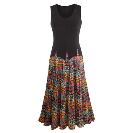 Women's Mixed Fabrics Maxi Dress - Black Sleeveless Top Patterned (Best Shirts To Wear With Maxi Skirts)