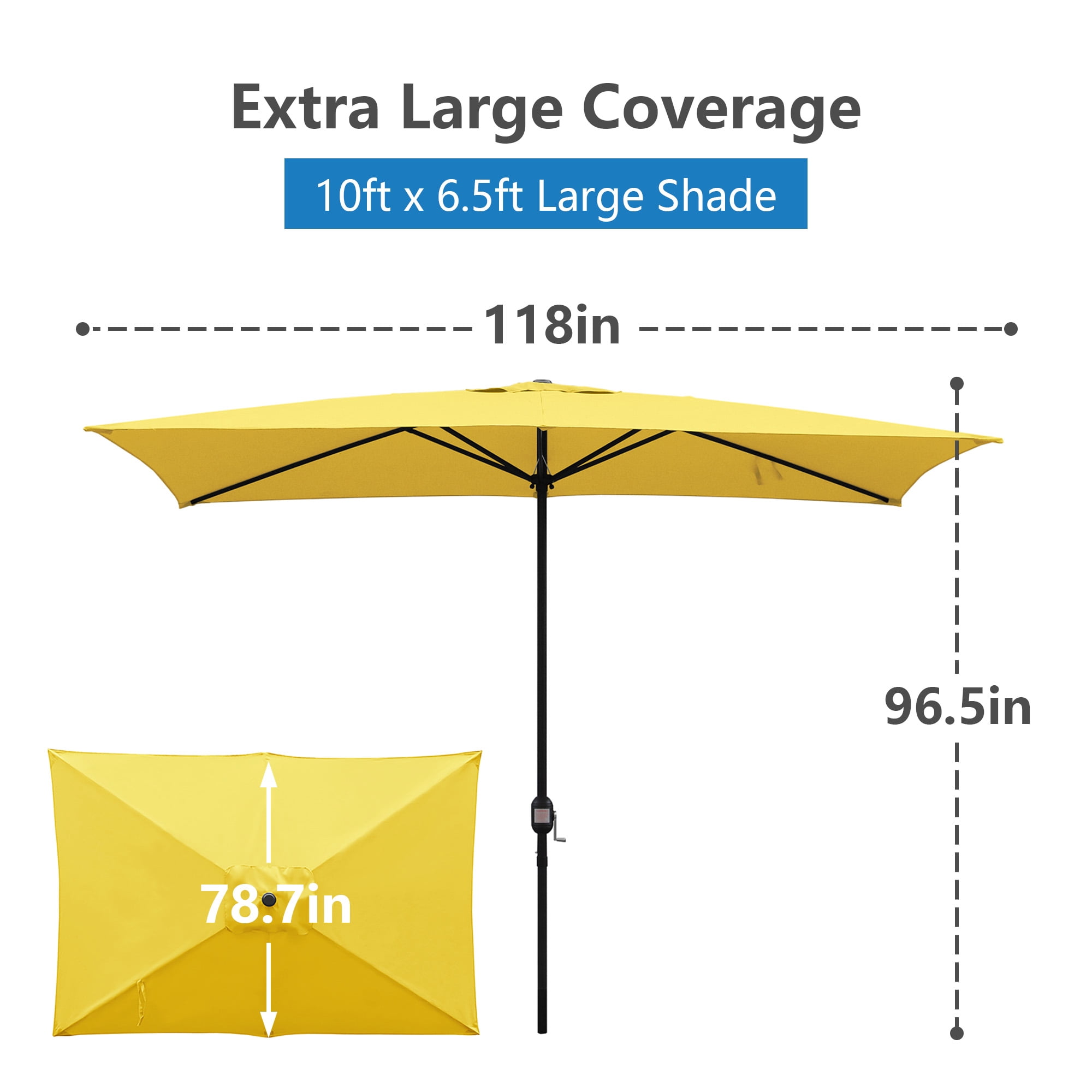 Abble 10x6.5ft Rectangular Patio Umbrella with Crank Handle, Outdoor Market Umbrella with 6 Sturdy Umbrella Ribs, Waterproof, Yellow