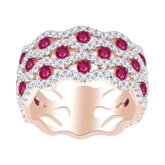 AFFY Simulated Ruby & White Natural Diamond Wedding Band Ring In 14k Solid Rose Gold (2.45 cttw) Ring Size-4