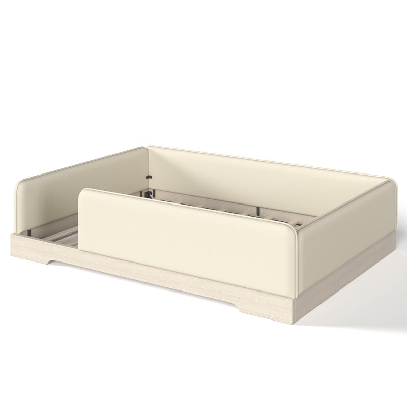 Queen Size Faux Leather Upholstered Floor Bed, Kids Montessori Bed Frame with Removable Guardrail, Low Profile Platform Bed
