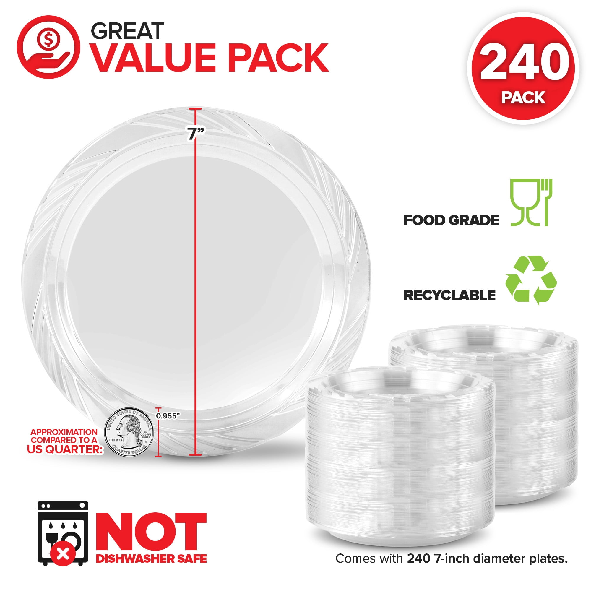 Stock Your Home 240-Count, 7 Inch Clear Plastic Plates, Flexible, Disposable Heavy Duty Party Dinner Plate, for Wedding Reception, Holiday Parties, Cake, Dessert, Appetizers, Salad, Medium Size