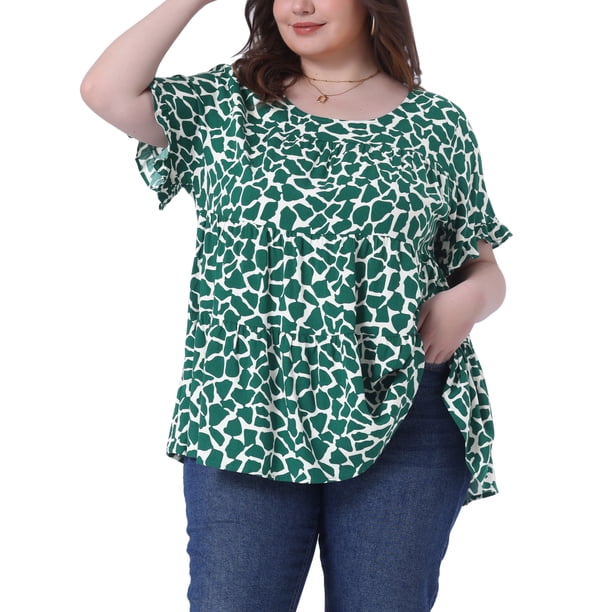 Blusa de peplum con volantes de cuello redondo para mujer de tallas grandes Agnes Orinda 1X blanca y verde