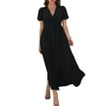 thumbnail image 3 of Women Summer Casual Midi Dress Puff Sleeve V Neck Ruched Button Front Split Boho Beach Vacation Wedding Dresses 2025, 3 of 9