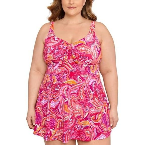 Swim Solutions Women's Plus Size Printed Tummy-Control Bow-Front Swimdress Fuschia Pink, 20W