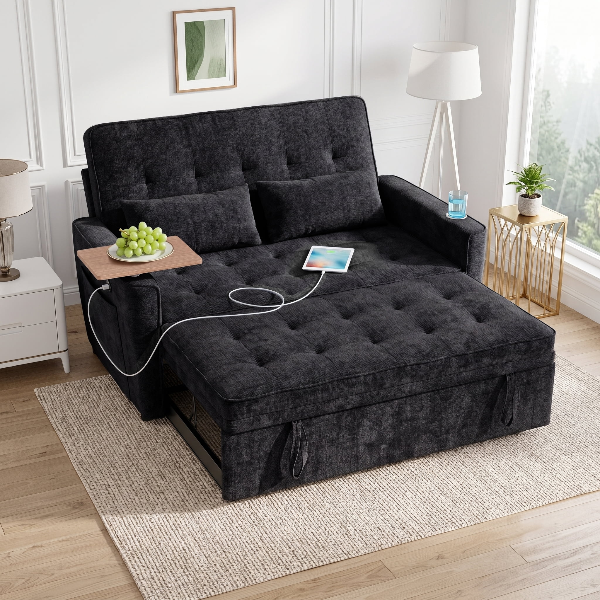 AISWORD 54" Convertible Pull Out Sleeper Sofa Bed, Chenille Loveseat Couch with USB Port, Side Tray Table, Cup Holder, Storage Pockets & Adjustable Backrest for Small Spaces, Black