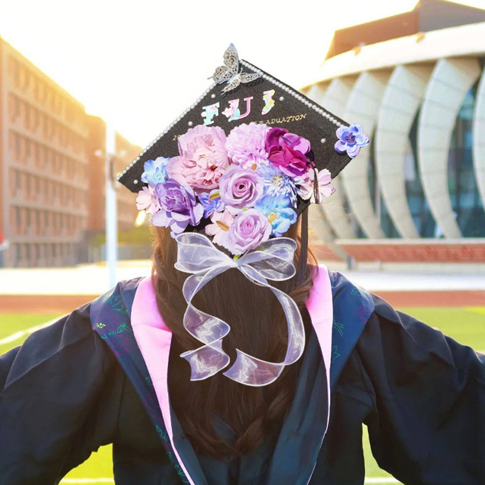 Graduation Hat Top Decoration Set With Butterfly Sticker Artificial Flower Pearls Chain For Art Craft Project