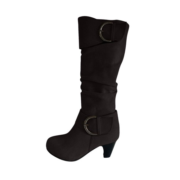 Juebong Boots on Clearance 2025 Womens Slouchy Mid Calf Boots Chunky Heel Faux Leather Knee High Boots Side Zipper Metal Buckle Folds Winter Boots