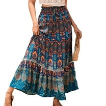 SWSMCLT Women's Long Skirt Beach Summer Fall Elastic Ruffle Gypsy High Waisted Ankle Length Pleated Elastic Waist Peacock Blue X-Large