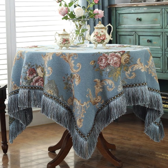 Small Jacquard Flower Tablecloth for Coffee Table European Vintage Tablecloth with Tassel Chenille Fabric Retro Table Cover for Indoor Outdoor Home Decoration Blue 90*90cm