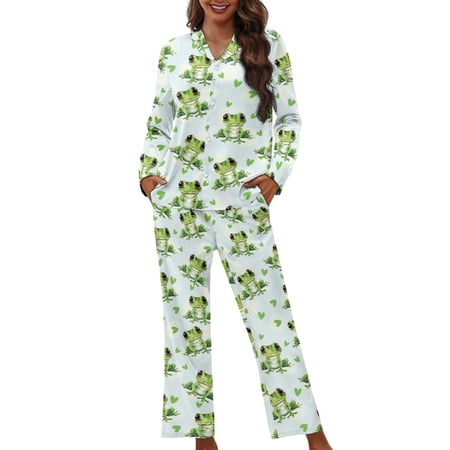 SCRAWLGOD Frog Button Up Pajama Sets for Women 2 Piece Pjs Women Long Sleeve Sleepwear V Neck Womens Pajamas with Pockets Elastic Women Jogger Pj Size XS