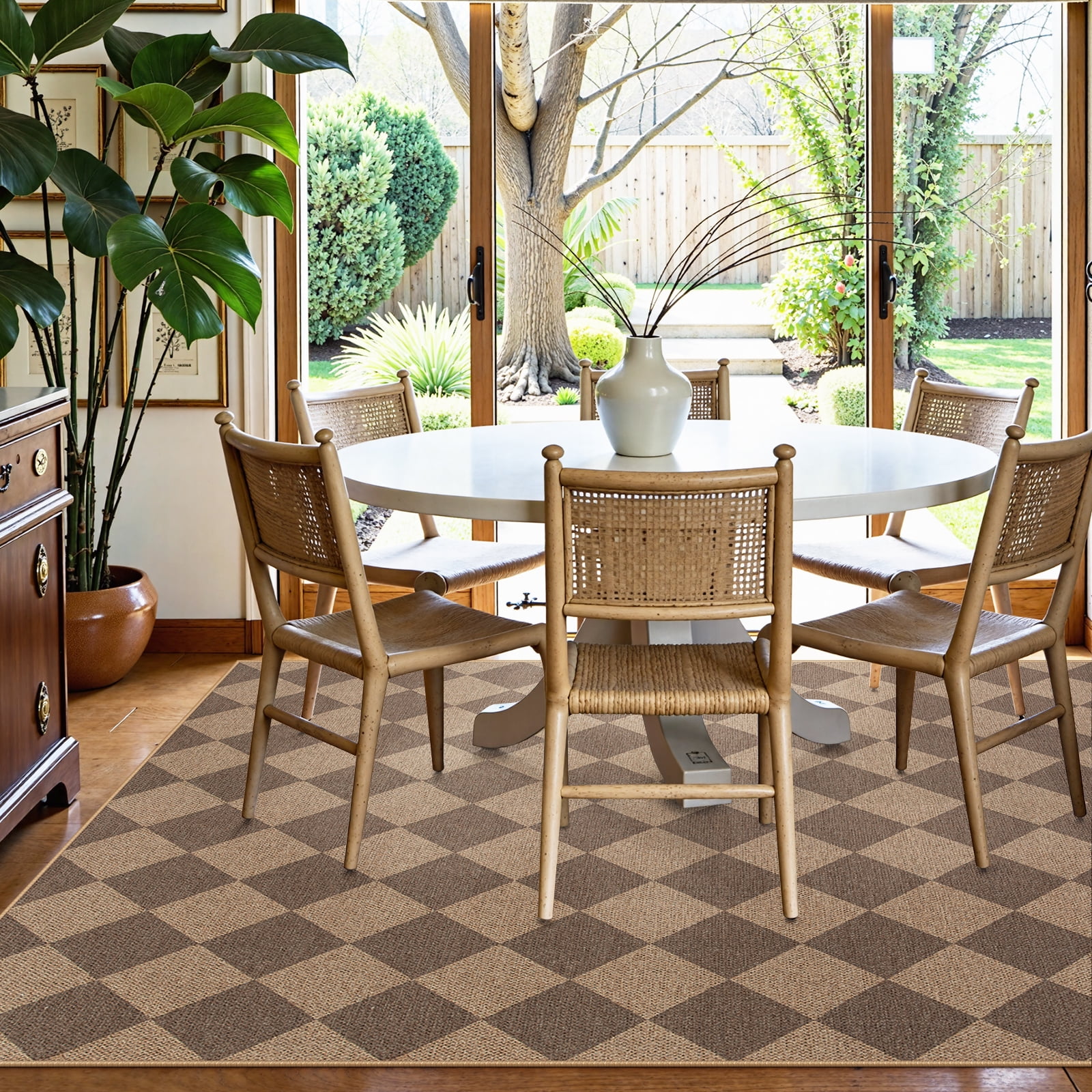 SUNDEREY 6'x9' Easy Jute Area Rugs for Living Room, Large Washable Bedroom Rug Non Slip, Diamond Indoor Outdoor Carpet, Modern Geometric Farmhouse Checkered Carpet for Dining Room Office,Khaki